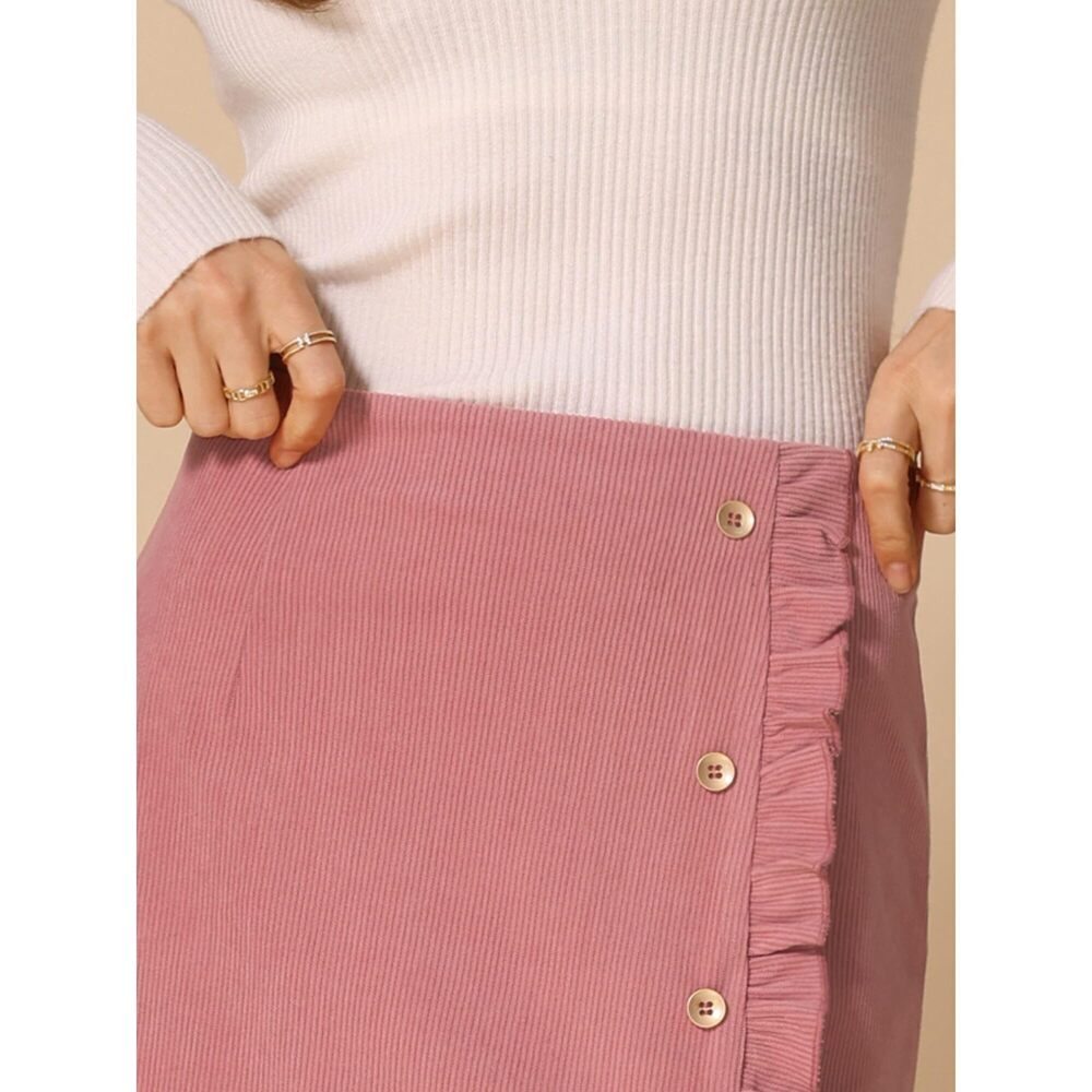 4945 Corduroy Vintage Button Decor Ruffled Trim High Waist Short Skirt - Picture 5 of 5